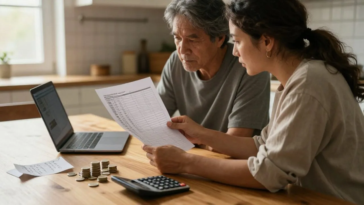 Pareja de mediana edad organizando su presupuesto familiar en una mesa de cocina iluminada por el sol.