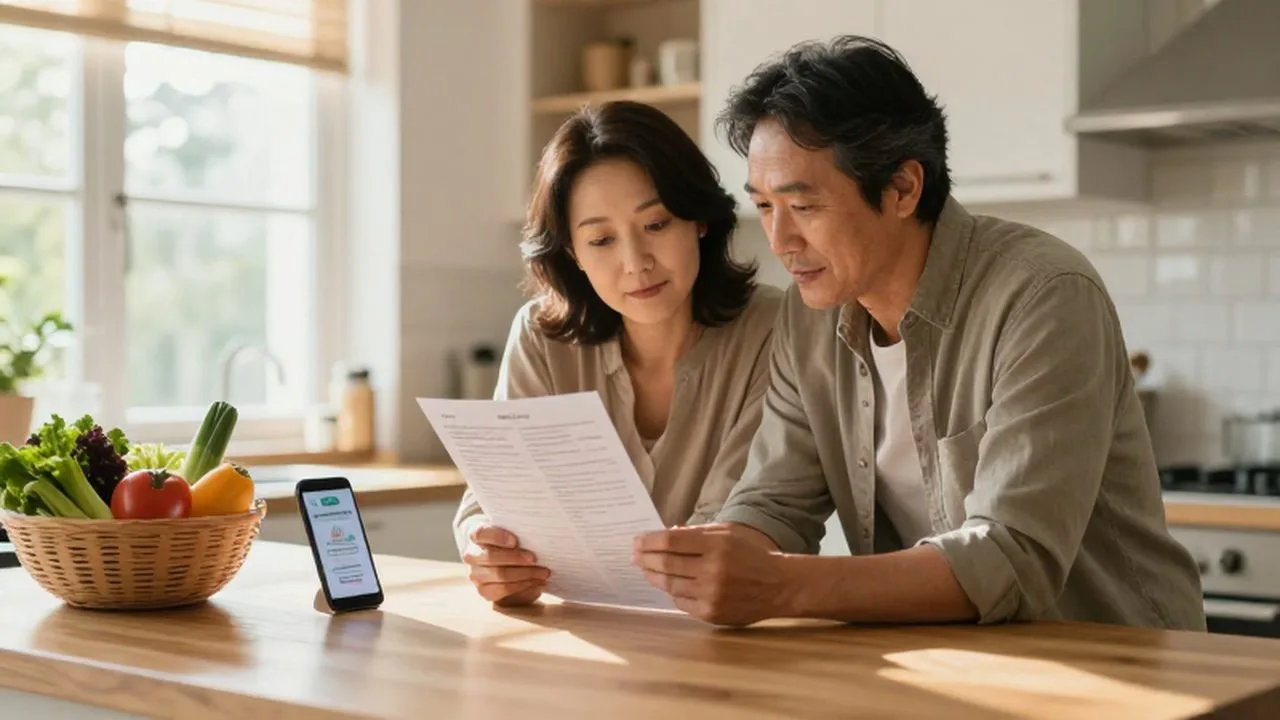 Pareja revisando una lista de compras y etiquetas de productos en una cocina iluminada.