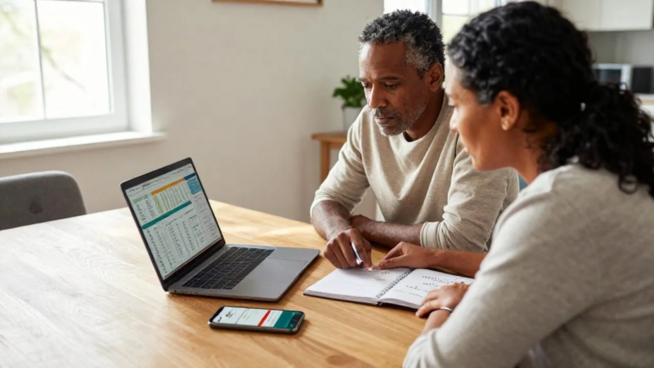 Pareja de mediana edad planificando su presupuesto con una laptop, un móvil y un cuaderno.
