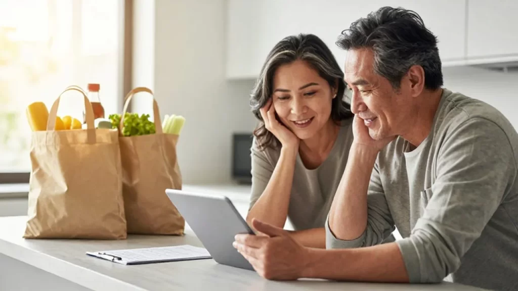 Pareja sonriente en una cocina luminosa revisando una lista de la compra en una tablet.