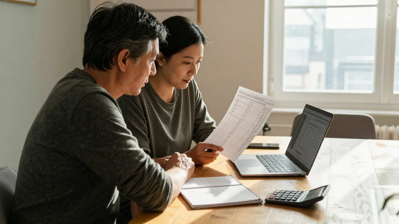 Pareja de mediana edad concentrada revisando sus gastos con un ordenador y una calculadora.