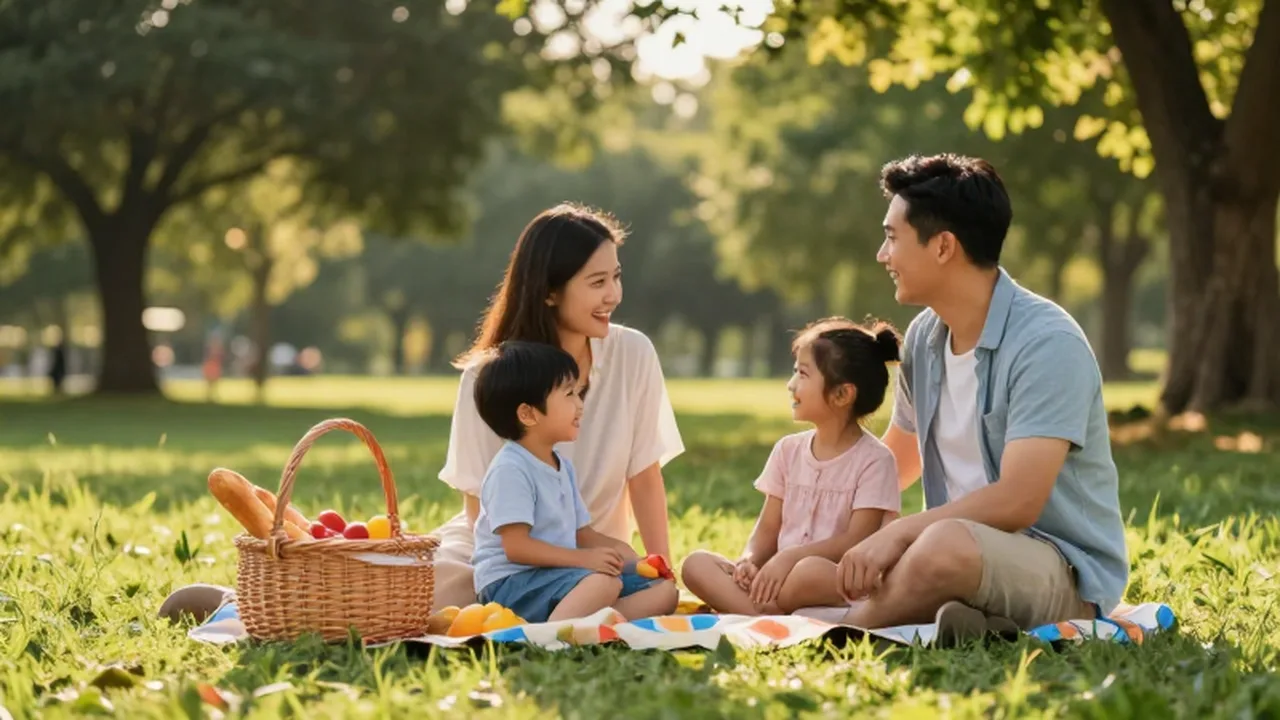 Una familia joven disfruta de un picnic con frutas y pan sobre una manta en el parque.
