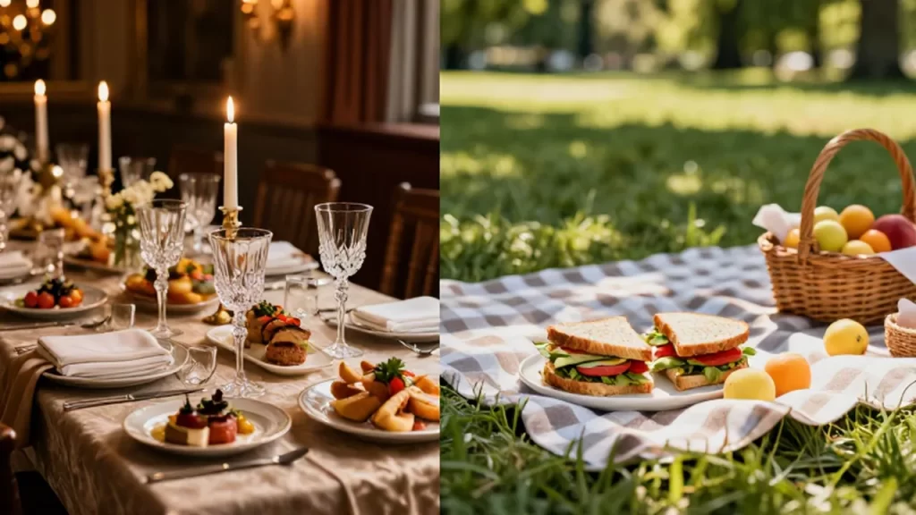 Comparación entre una cena de lujo con velas y un picnic sencillo en un parque.