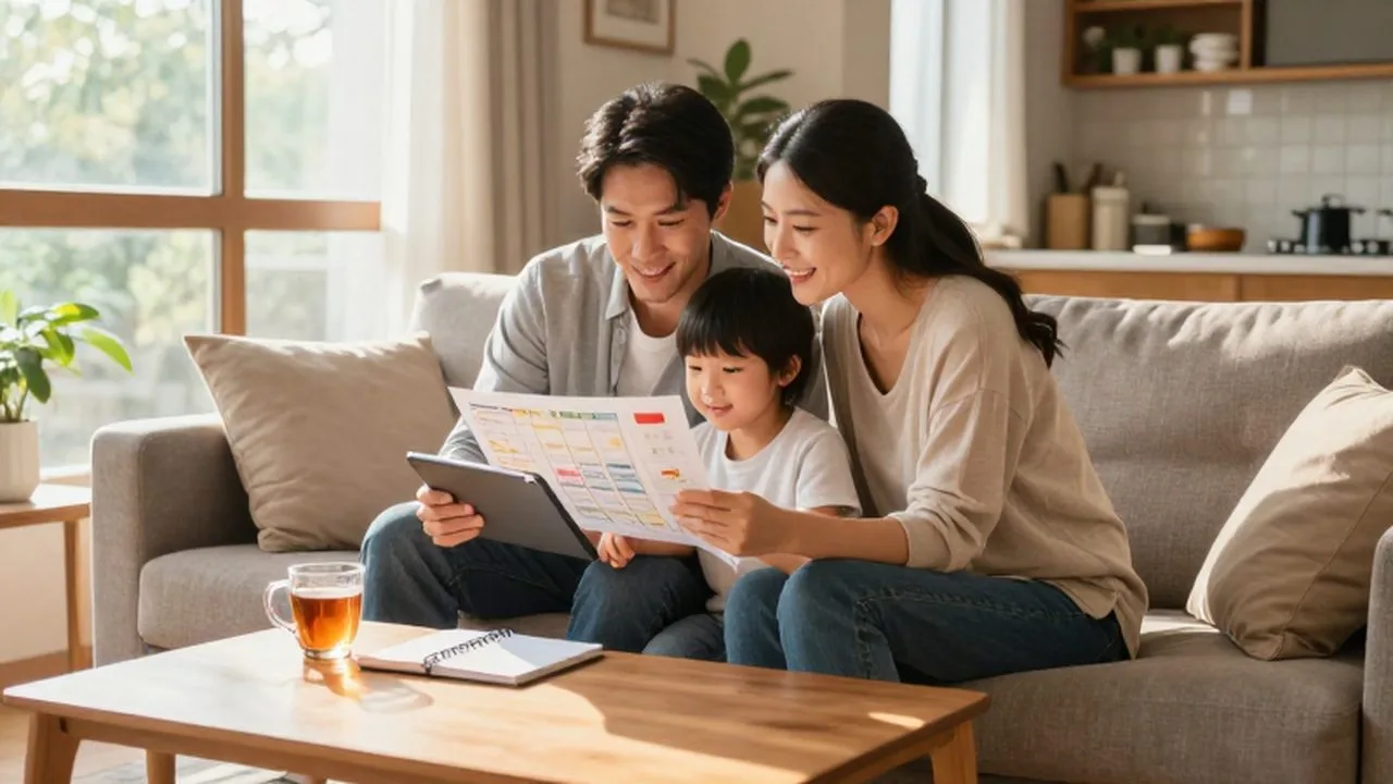 Padre y madre sonrientes revisan una agenda y una tablet sentados en un sofá acogedor.