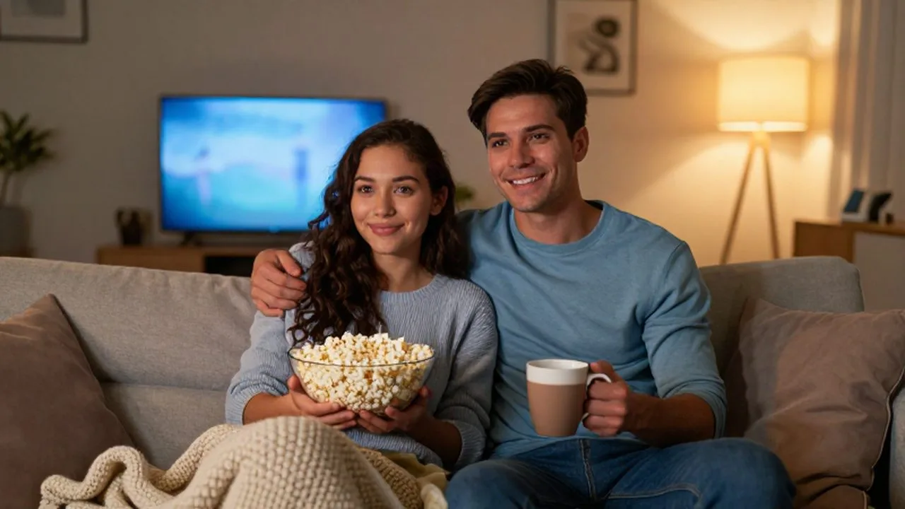 Pareja joven relajada en un sofá disfrutando de una noche de películas con palomitas y chocolate caliente.