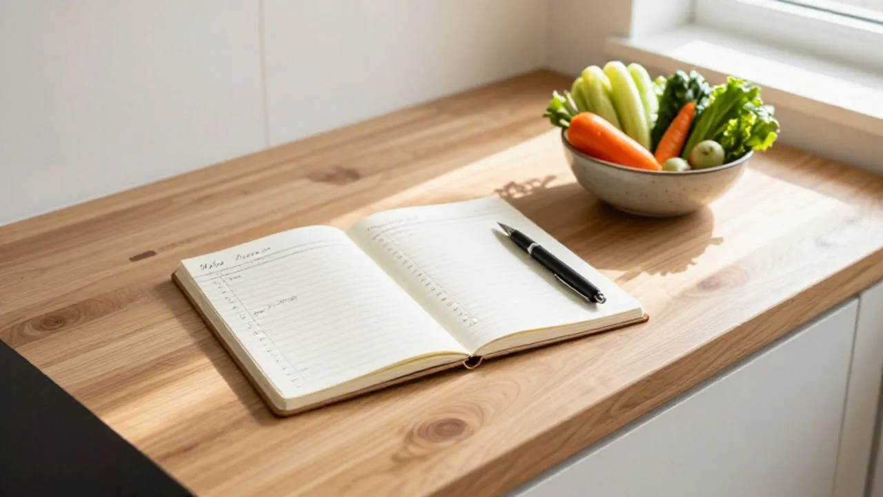 Cuaderno de planificación de comidas junto a un bol de verduras frescas sobre una encimera de madera.