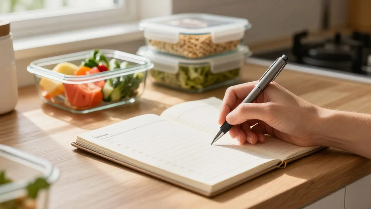 Una mano escribe un plan de comidas semanal en un cuaderno junto a recipientes de comida saludable.