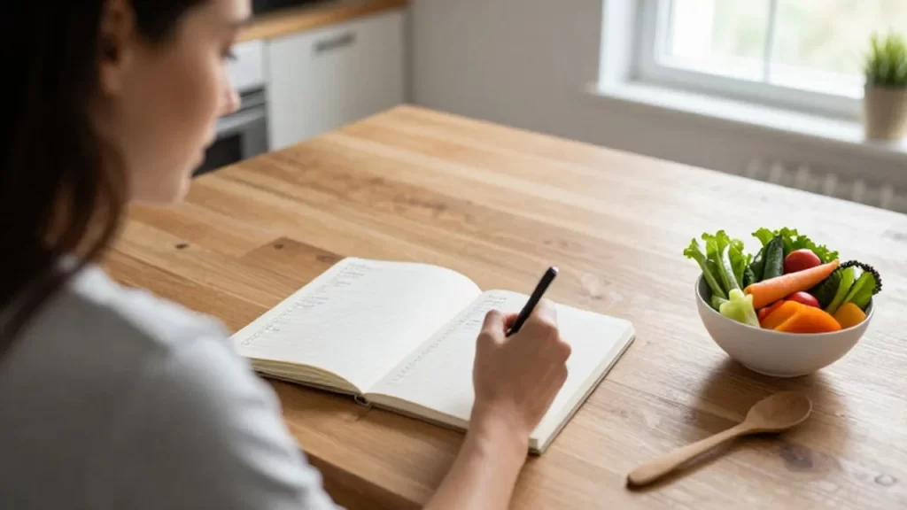 Mujer escribiendo un planificador de comidas junto a un cuenco de verduras frescas en una cocina iluminada.