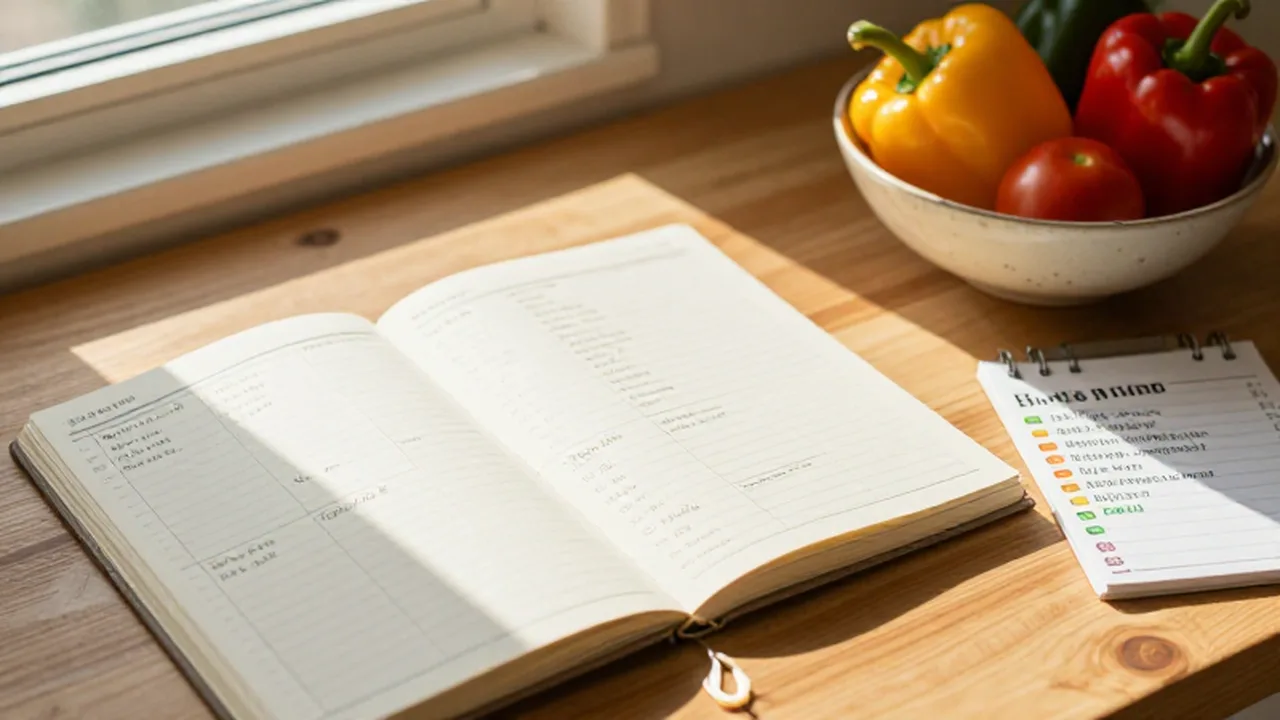 Planificador de comidas semanal y lista de compras junto a un bol con verduras frescas sobre una mesa de madera.