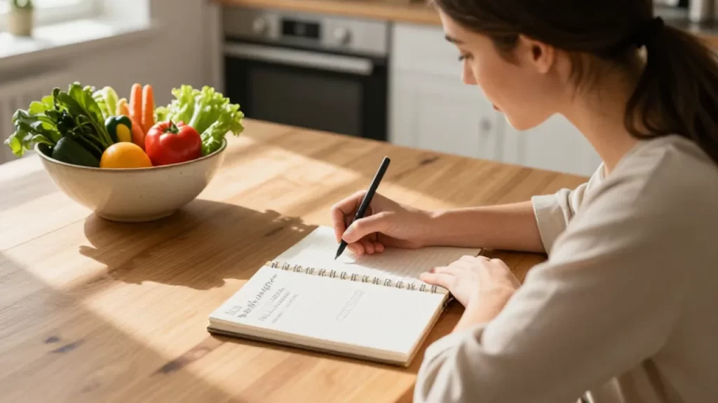 Mujer sentada en una cocina iluminada escribiendo su plan de comidas y lista de la compra.