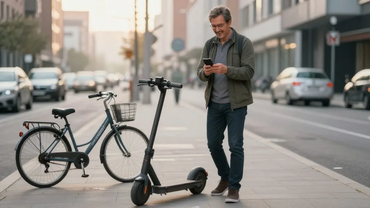 Hombre de mediana edad sonriendo con su smartphone junto a un patinete y una bicicleta en la ciudad.