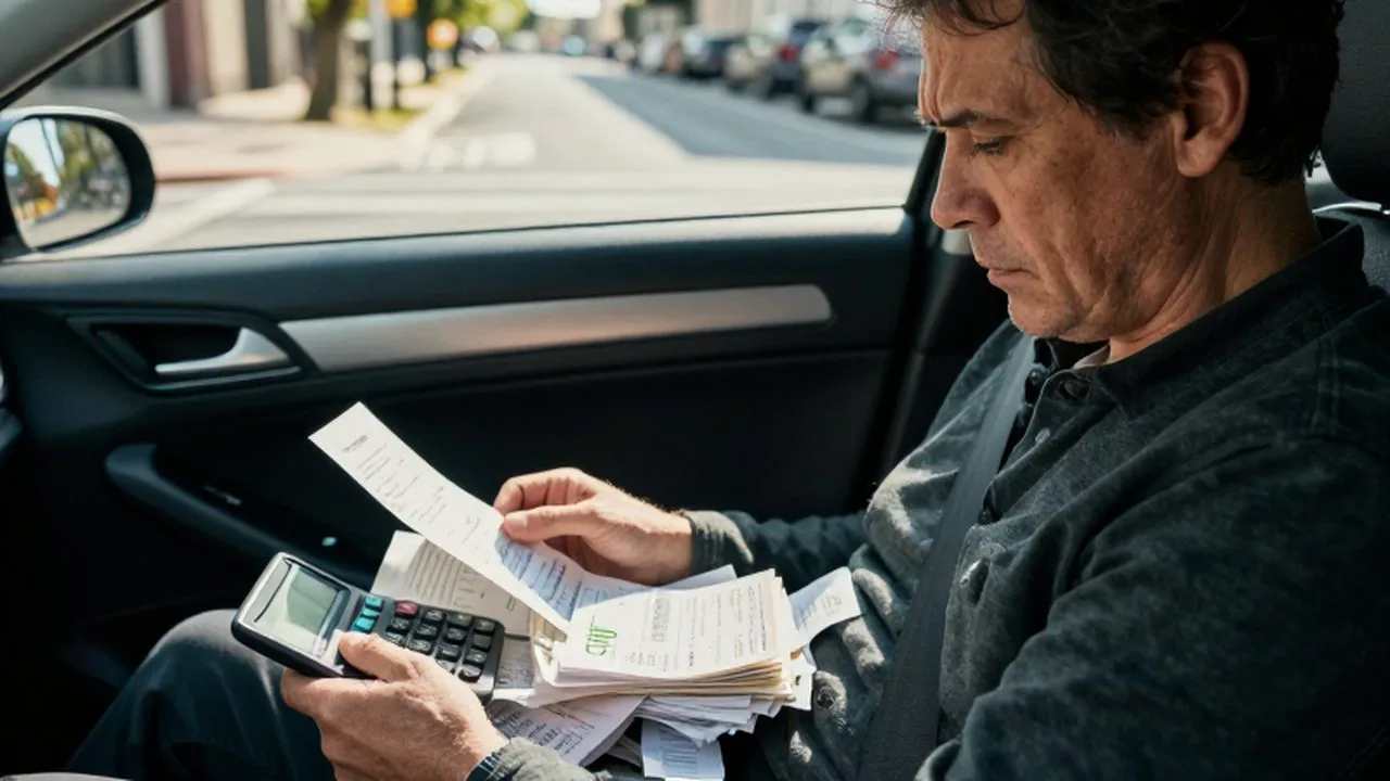 Persona preocupada en un coche revisando recibos de combustible y facturas de mantenimiento.