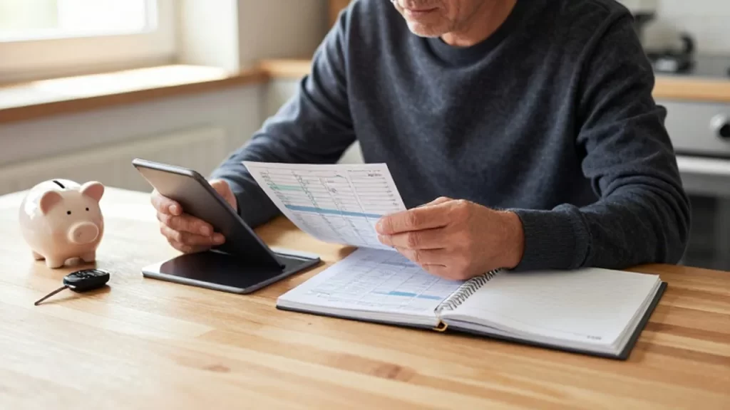 Persona de mediana edad revisando su presupuesto doméstico con una tableta y un cuaderno.