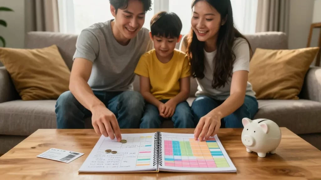 Una familia feliz planifica su presupuesto junto a un salvapenes y entradas de cine.