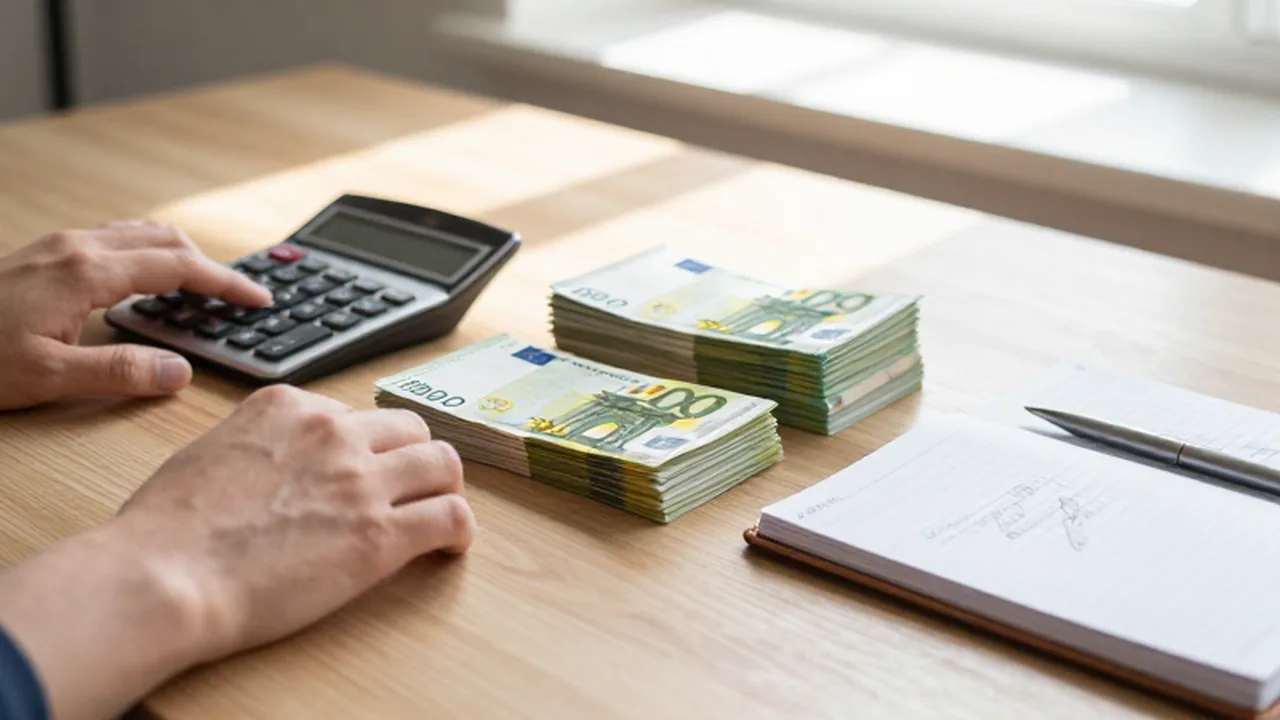 Manos organizando billetes de euro, una calculadora y un cuaderno con gráficos sobre un escritorio de madera.