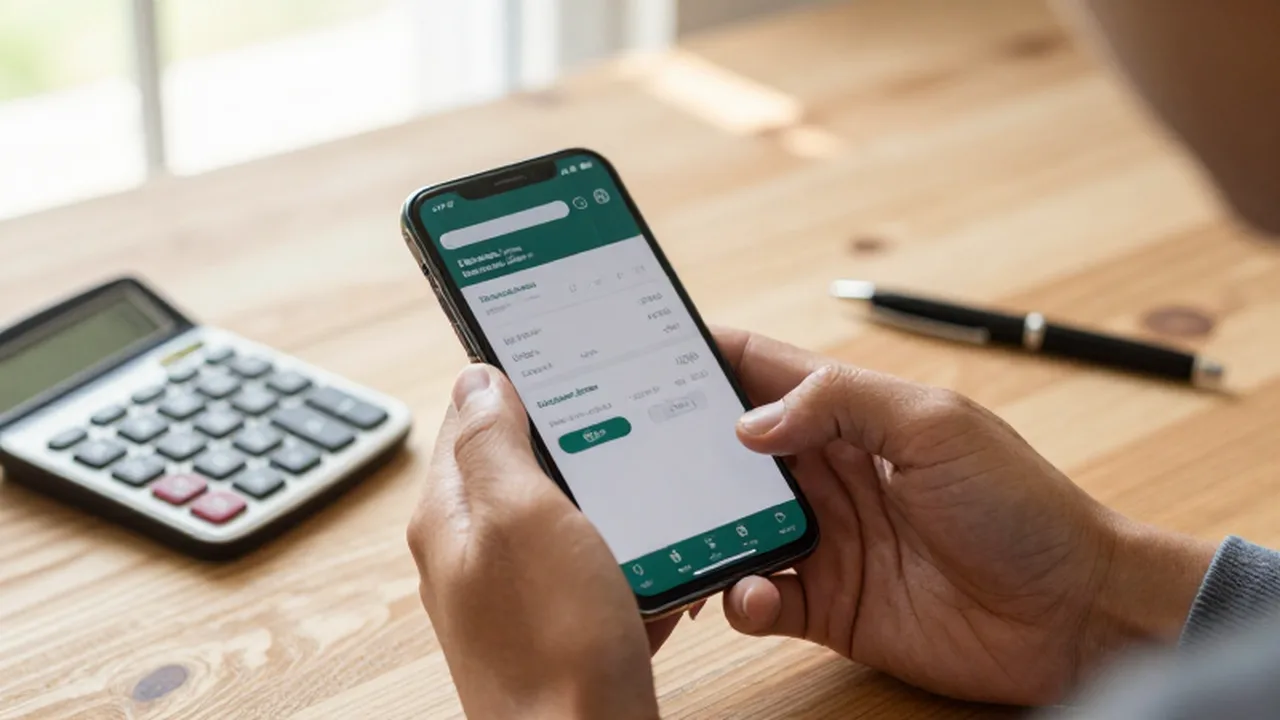 Manos sosteniendo un teléfono con una aplicación bancaria sobre un escritorio con calculadora y bolígrafo.
