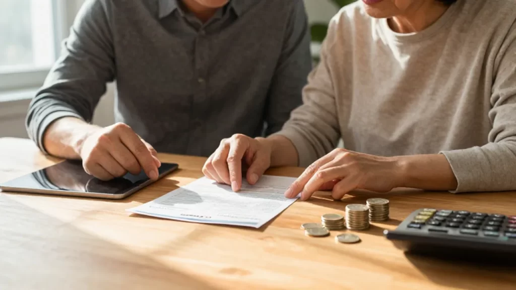 Pareja de mediana edad revisando sus finanzas con un estado de cuenta y una tableta.