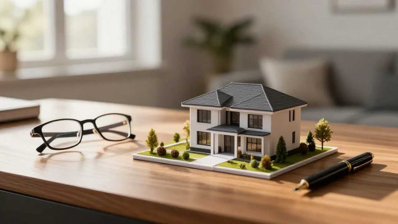 Maqueta de una casa moderna junto a unas gafas y un bolígrafo sobre un escritorio de madera.