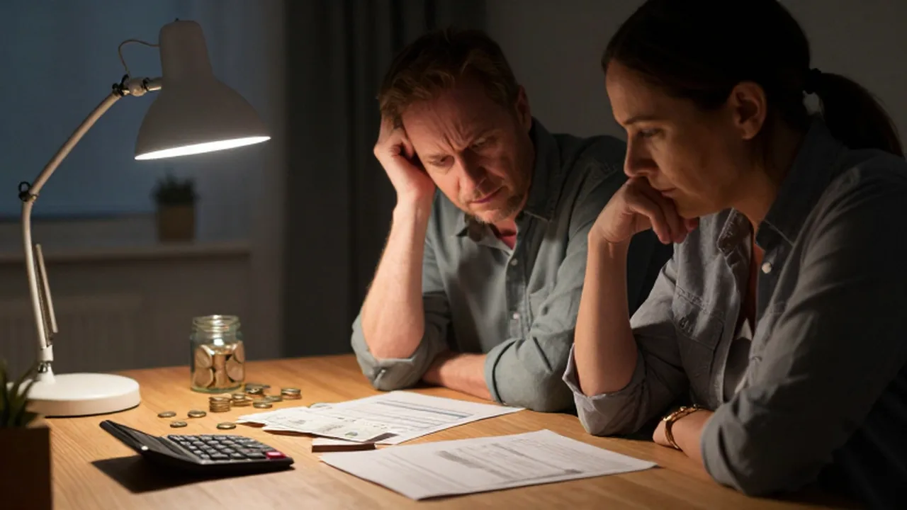 Pareja de mediana edad con expresión tensa analizando facturas y ahorros en una mesa iluminada.