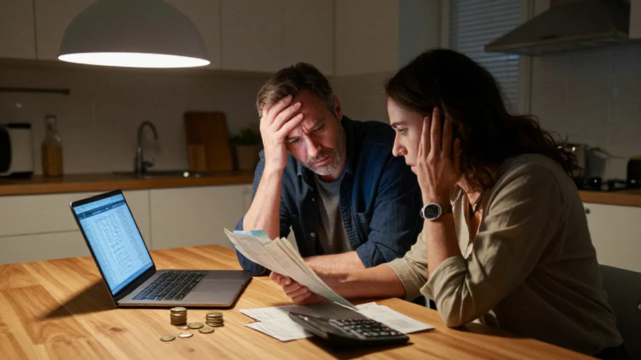 Pareja de mediana edad con expresión preocupada revisando facturas y cuentas en una cocina.