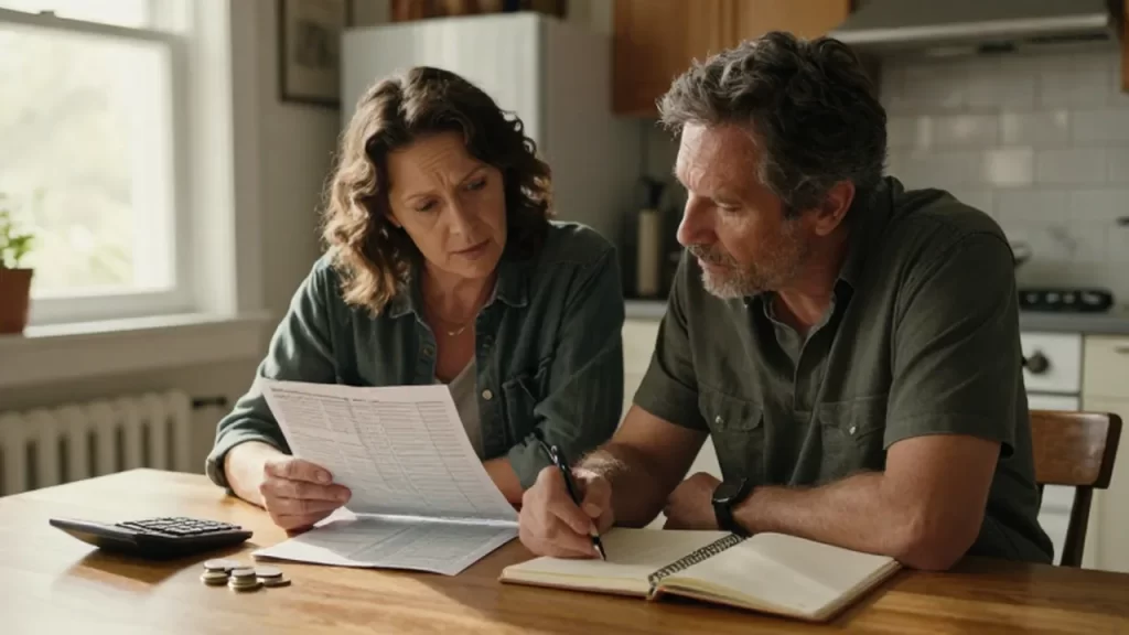 Pareja de mediana edad revisando concentrada sus estados de cuenta y un presupuesto en la cocina.