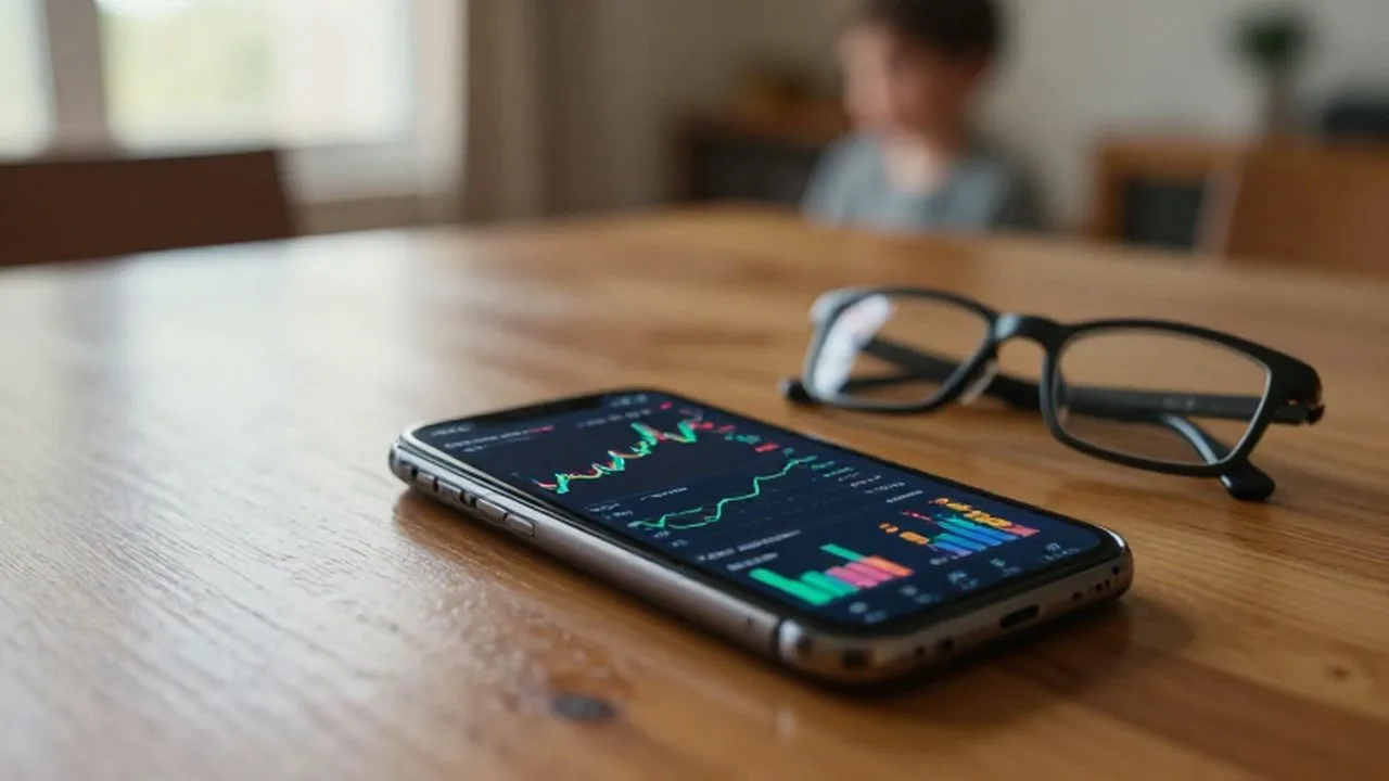 Smartphone con gráficos financieros sobre una mesa de madera junto a unas gafas de lectura.