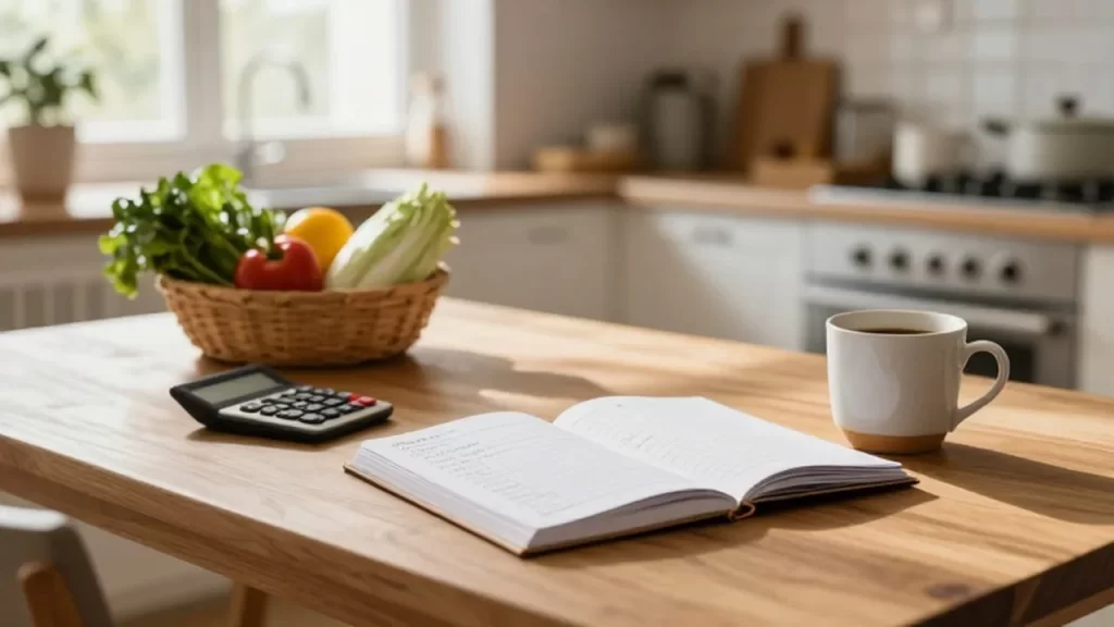 Cuaderno de planificación financiera abierto junto a un café y vegetales frescos en una cocina soleada.