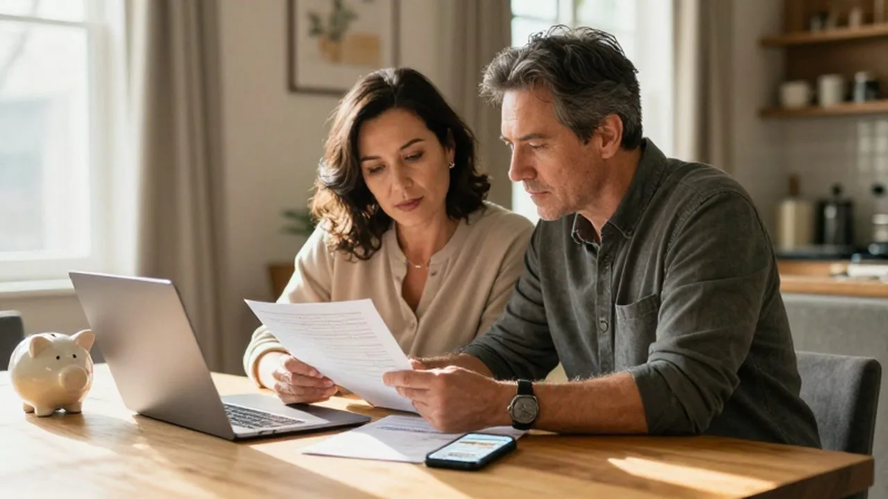 Pareja de mediana edad revisando documentos financieros y una aplicación móvil en una mesa iluminada.