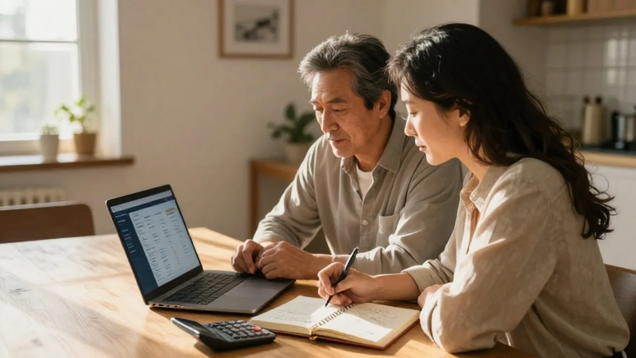 Pareja de mediana edad planificando sus finanzas con un ordenador y libreta en una mesa iluminada.