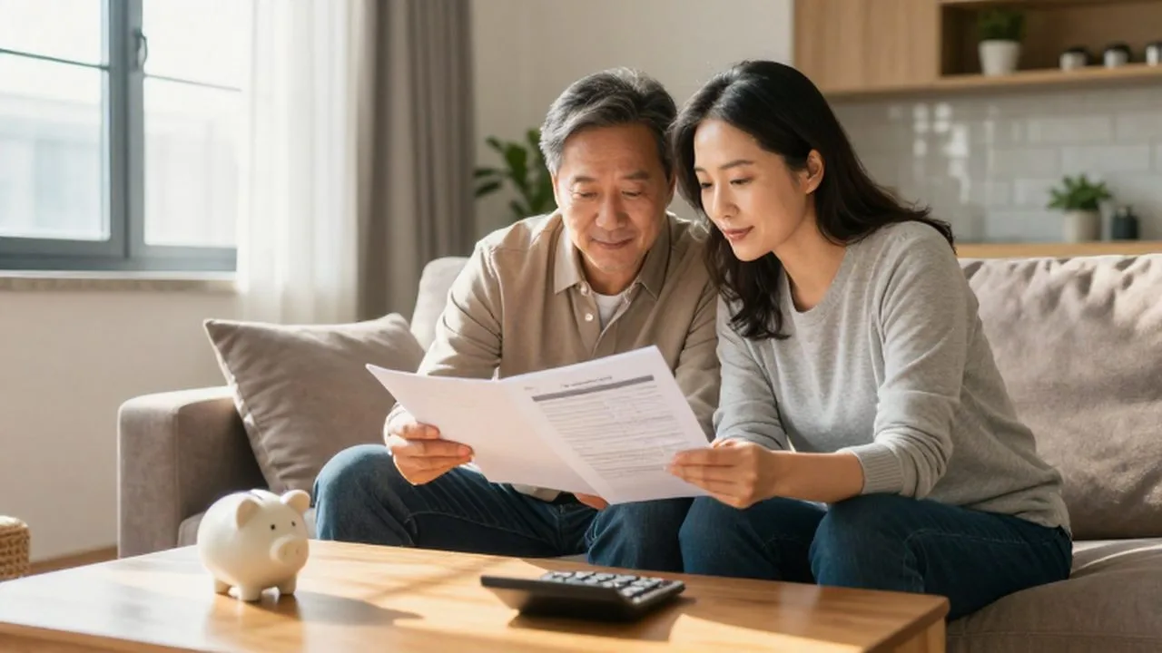 Pareja de mediana edad revisando documentos financieros con tranquilidad en un salón iluminado.