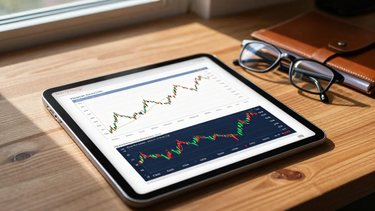 Tableta con gráficos financieros de bonos y acciones sobre un escritorio con gafas y libreta.