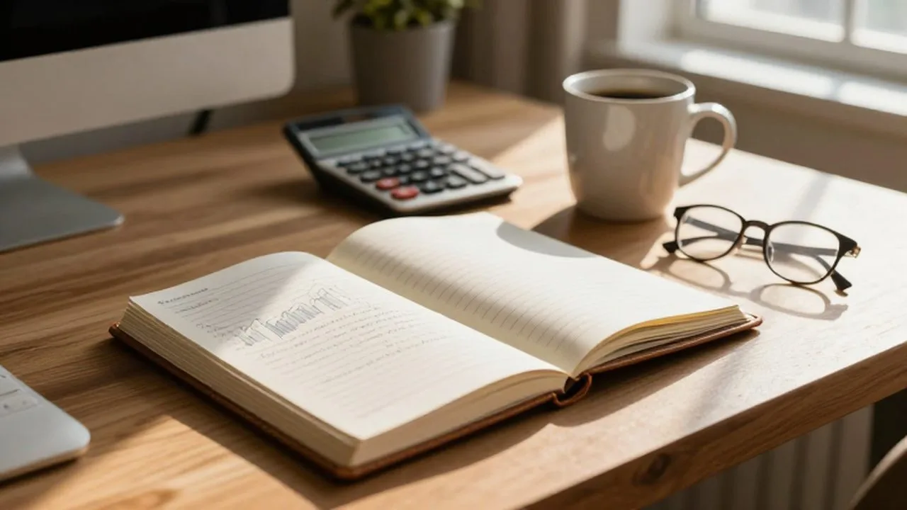 Cuaderno abierto con gráficos financieros sobre un escritorio de madera junto a un café y gafas.