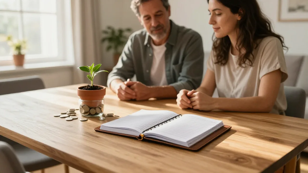 Pareja sentada a la mesa junto a una planta que crece de un frasco con monedas.