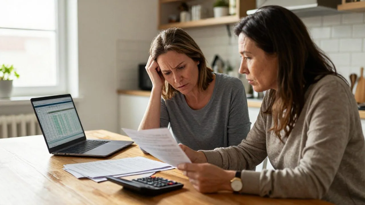 Pareja estresada revisando facturas y una calculadora sobre la mesa de una cocina luminosa.