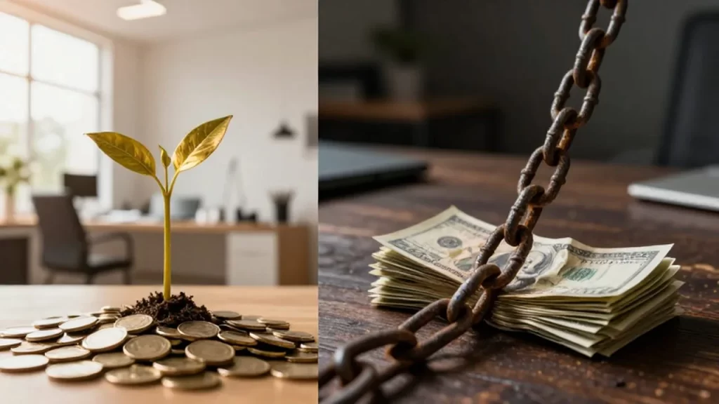 Comparación entre una planta creciendo sobre monedas en una oficina luminosa y billetes aplastados por una cadena oxidada.