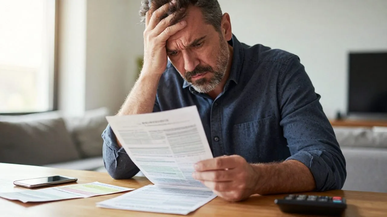 Hombre de mediana edad con expresión de confusión revisando sus cuentas y un móvil sobre la mesa.