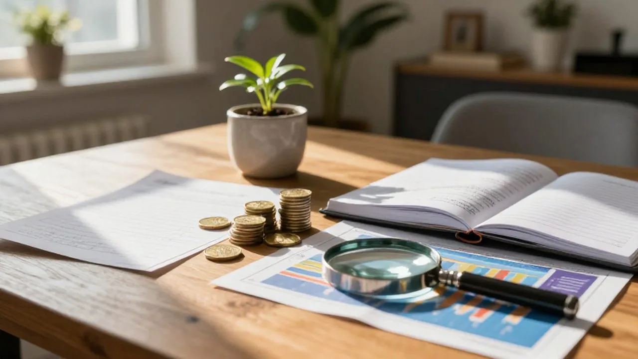 Objetos financieros, monedas de oro, una planta pequeña y un libro de cuentas sobre una mesa de madera iluminada por el sol.