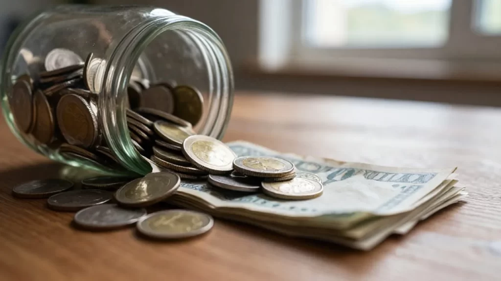 Frasco de cristal lleno de monedas de oro y plata junto a billetes desgastados sobre una mesa de madera.
