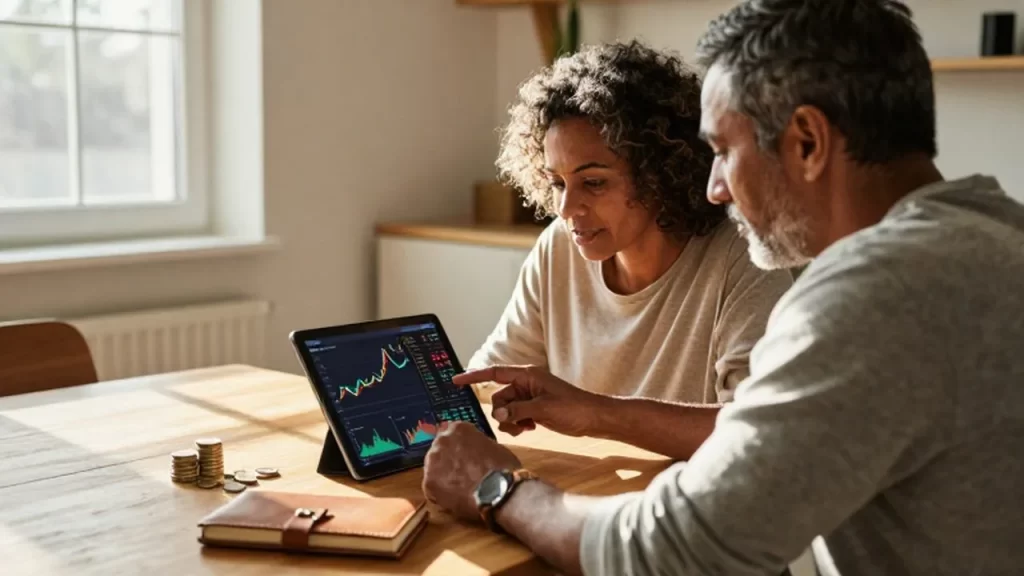 Pareja de mediana edad analizando gráficos financieros en una tableta sentados a la mesa.