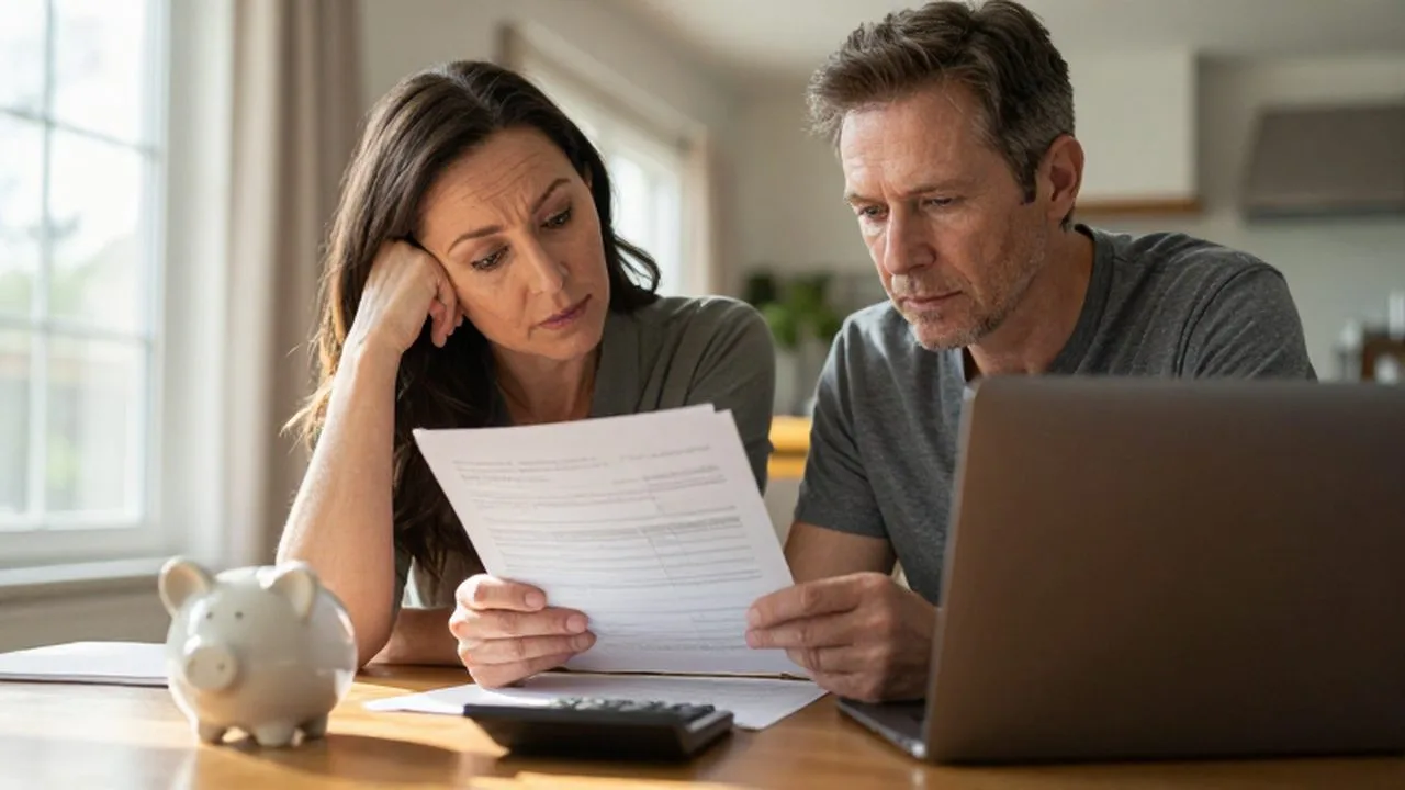 Pareja de mediana edad revisando con calma sus finanzas sobre una mesa de madera iluminada.