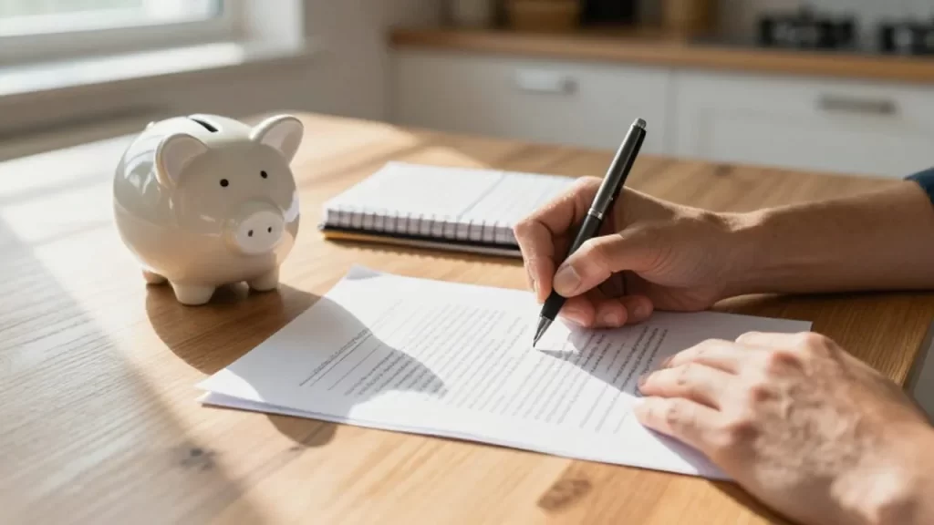 Manos firmando un documento financiero junto a una hucha y un planificador presupuestario.