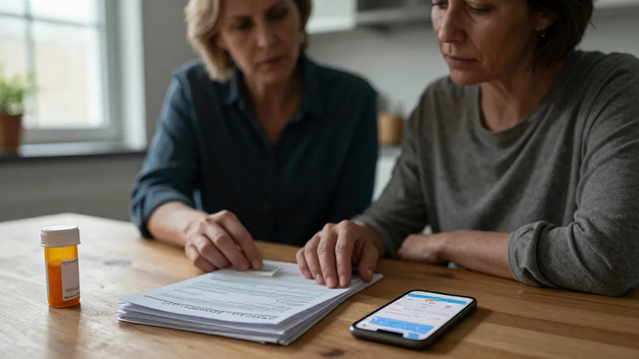 Pareja preocupada frente a facturas médicas y un teléfono con una aplicación bancaria.