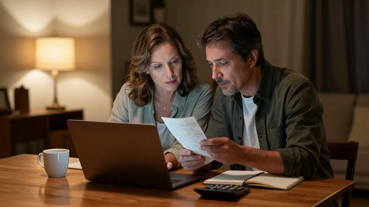 Pareja de mediana edad revisando recibos y una computadora portátil en una mesa de madera.