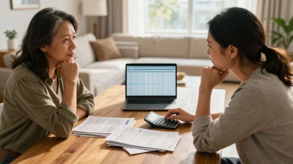 Pareja de mediana edad revisando facturas y una calculadora en una mesa de comedor iluminada.