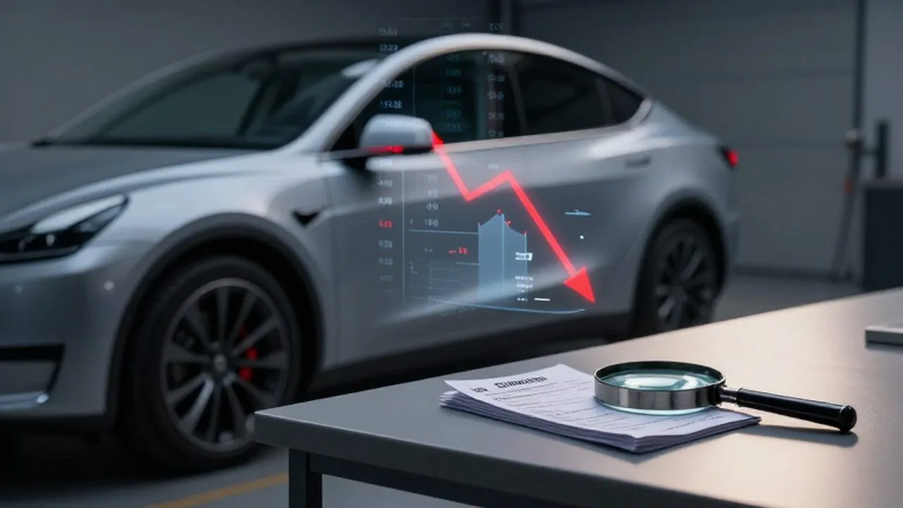 Automóvil moderno en un garaje con gráficos digitales de pérdidas y recibos de mantenimiento pendientes.