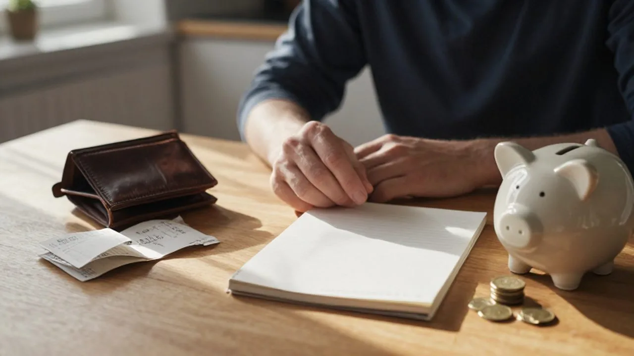 Manos sobre una mesa de madera con una cartera abierta, recibos desordenados y monedas.