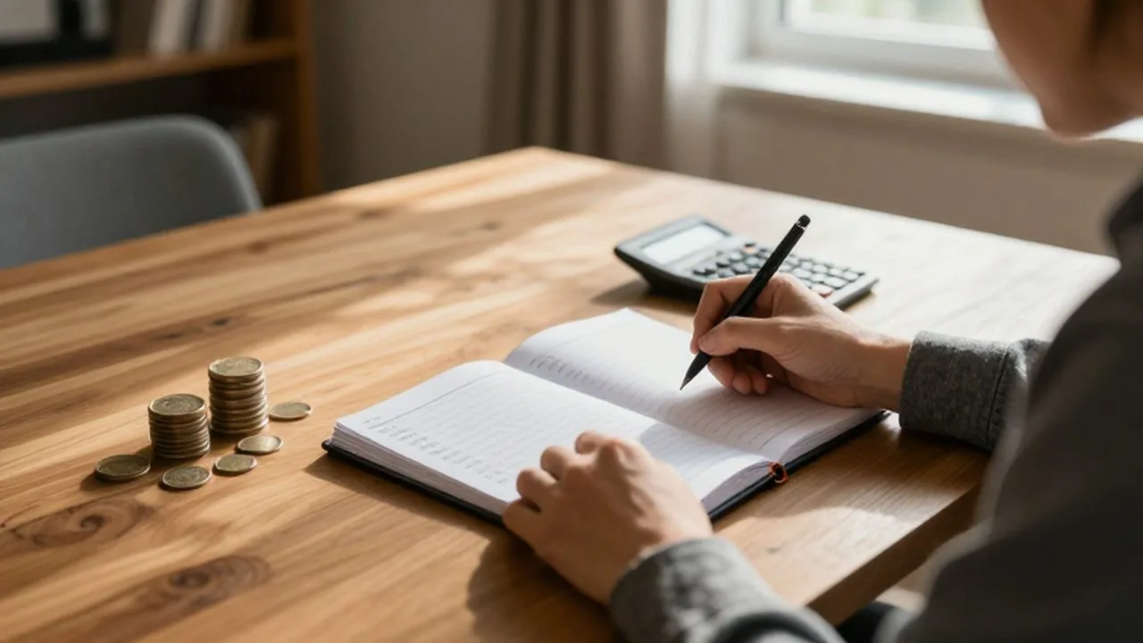 Persona sentada en un escritorio soleado escribiendo un plan de presupuesto semanal en un cuaderno.