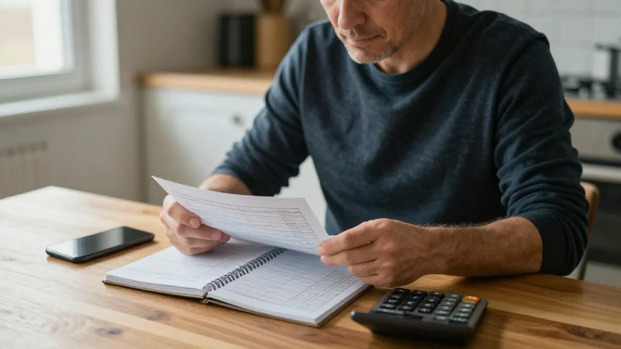 Hombre de mediana edad revisando sus estados de cuenta y calculadora en una mesa de cocina.