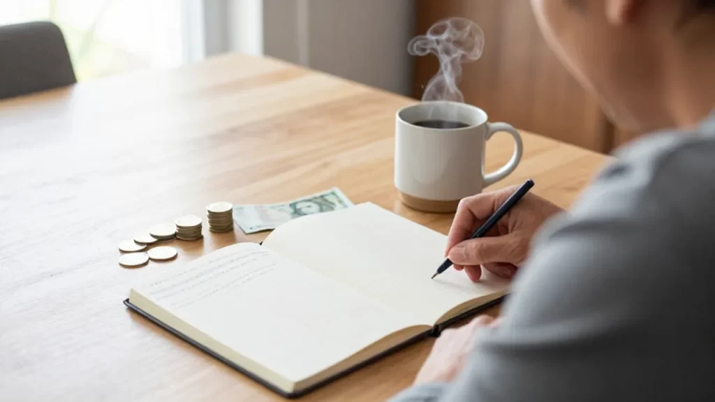 Persona sentada frente a una mesa de madera con un cuaderno de notas financieras y café.