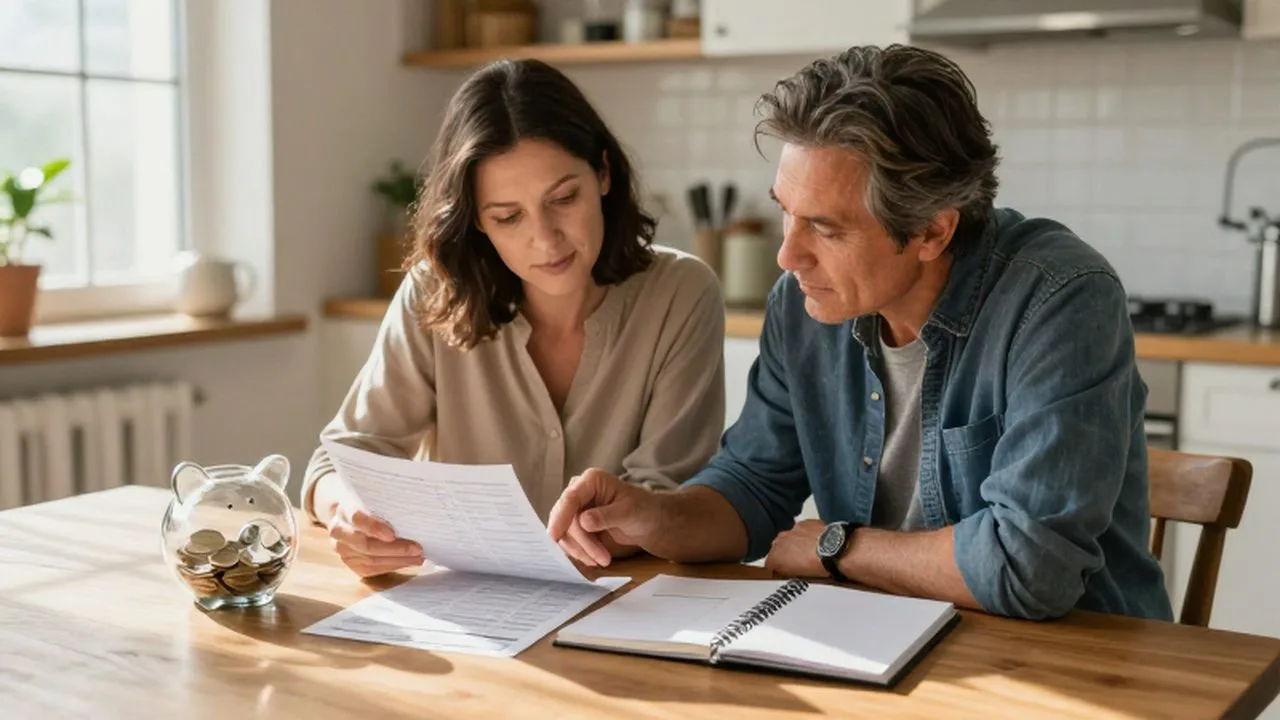 Pareja de mediana edad revisando estados de cuenta y un planificador de presupuesto en la cocina.